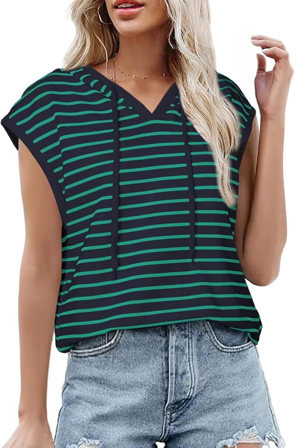 SHEWIN Womens Summer Striped Hooded Cap Sleeve Tops Lightweight Drawstring Hoodies V Neck Casual Blouses Shirts