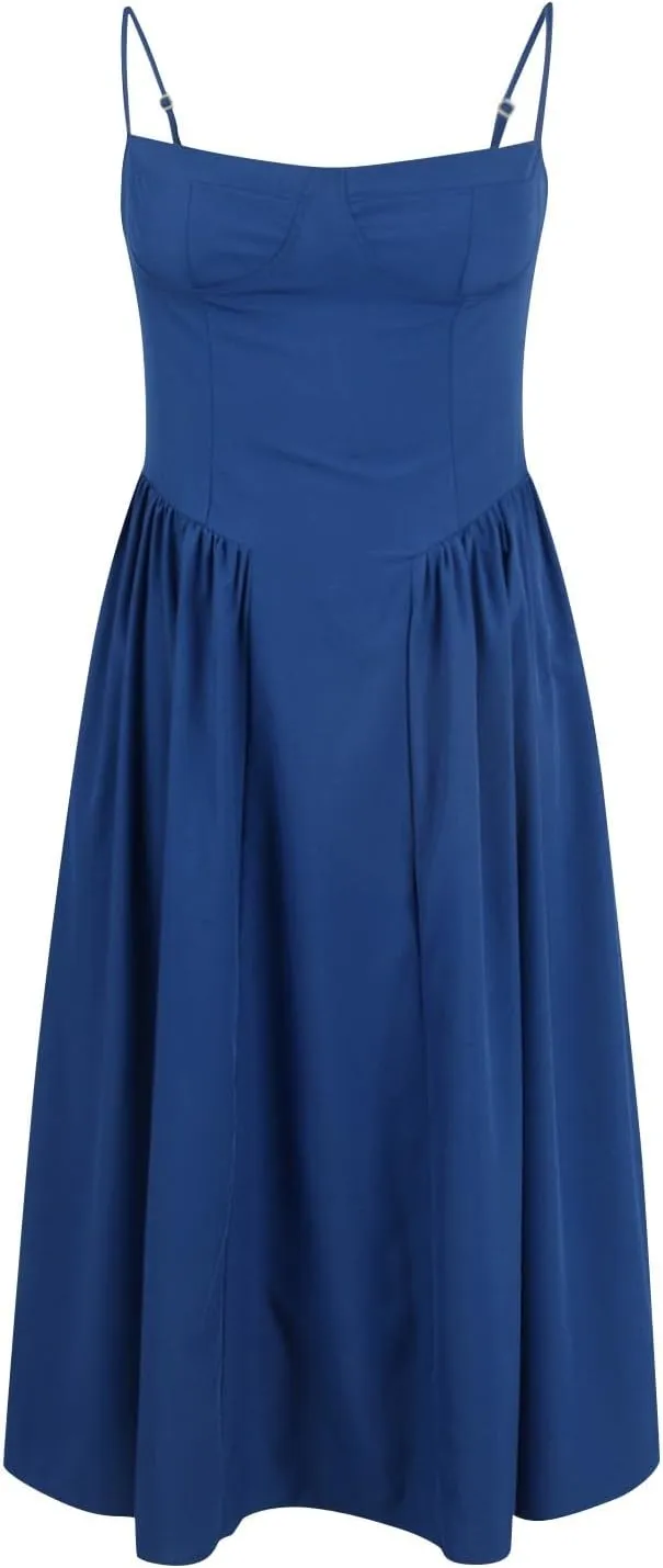 Sleeveless Corset Fit Midi Dress Women Sexy Elegant Spaghetti Strap Dress Flowy Pleated Hem Low Cut Milkmaid Dress