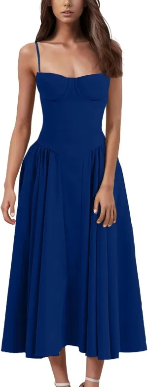 Sleeveless Corset Fit Midi Dress Women Sexy Elegant Spaghetti Strap Dress Flowy Pleated Hem Low Cut Milkmaid Dress