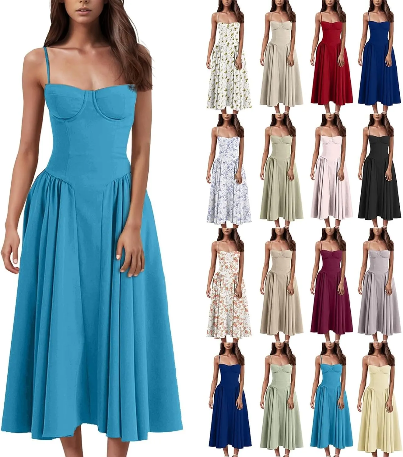 Sleeveless Corset Fit Midi Dress Women Sexy Elegant Spaghetti Strap Dress Flowy Pleated Hem Low Cut Milkmaid Dress