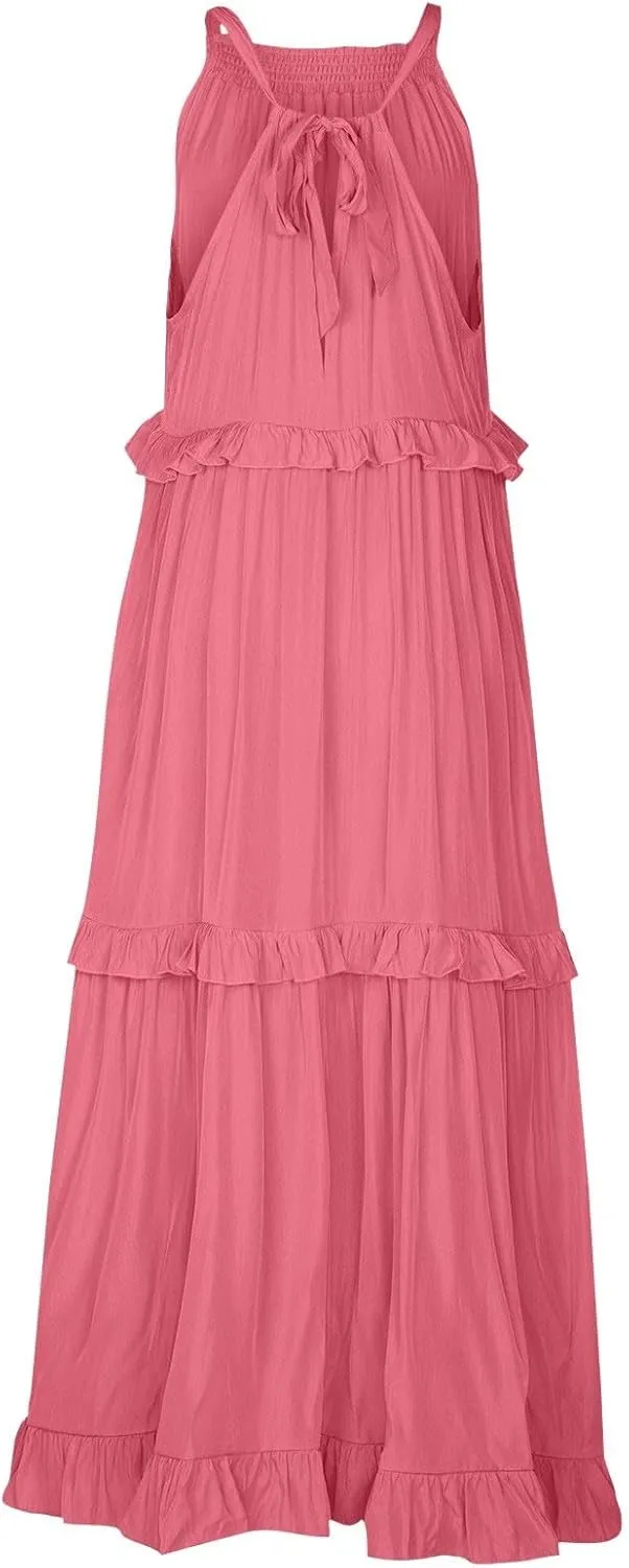 Smocked Dress Women Empire Waist Dress Halter Tie Back Loose Flowy Ruffle Tiered Maxi Dress with Pockets