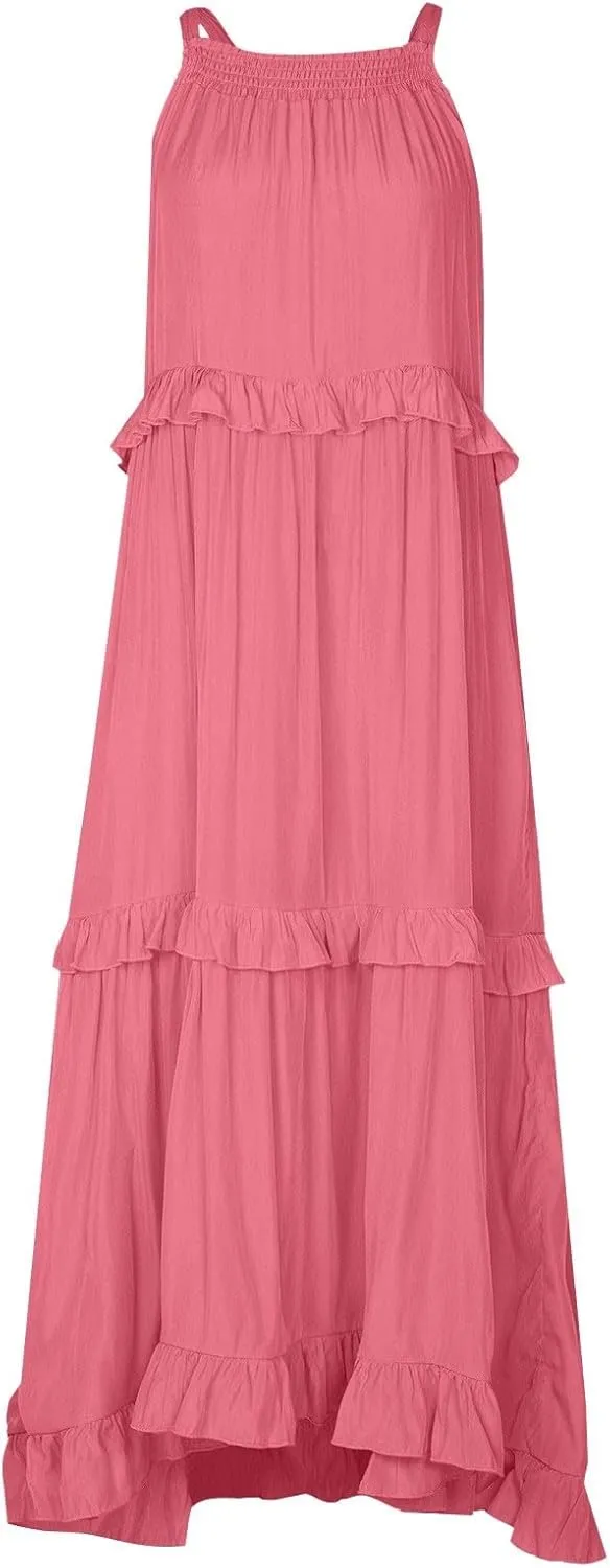 Smocked Dress Women Empire Waist Dress Halter Tie Back Loose Flowy Ruffle Tiered Maxi Dress with Pockets