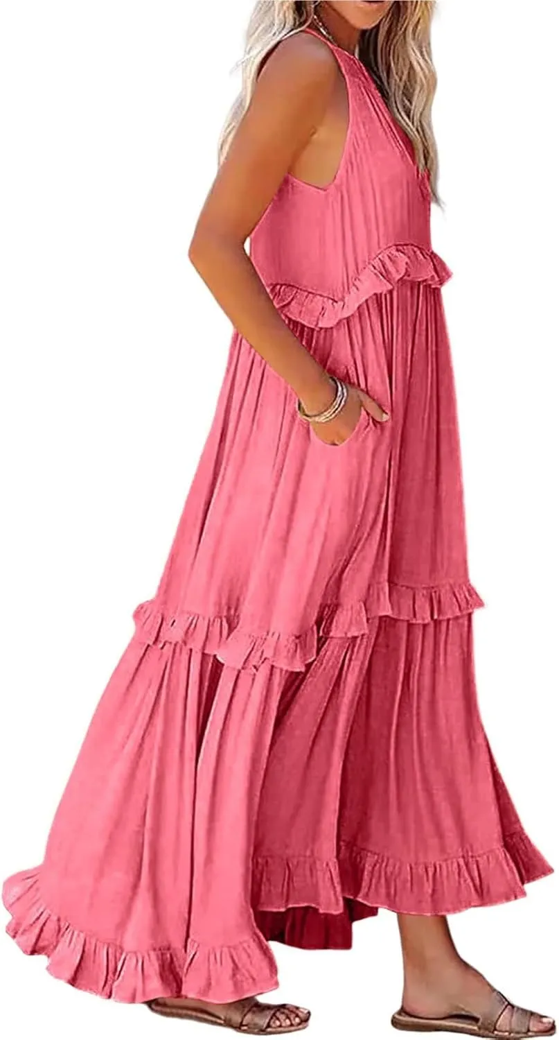 Smocked Dress Women Empire Waist Dress Halter Tie Back Loose Flowy Ruffle Tiered Maxi Dress with Pockets