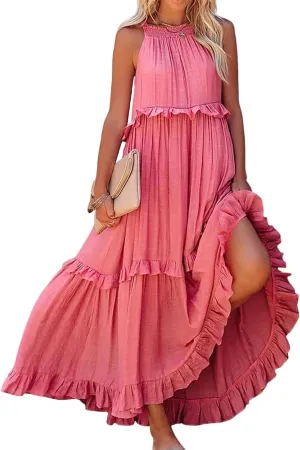 Smocked Dress Women Empire Waist Dress Halter Tie Back Loose Flowy Ruffle Tiered Maxi Dress with Pockets