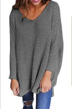 Solid Color V-neck Loose Long Pullover Sweater