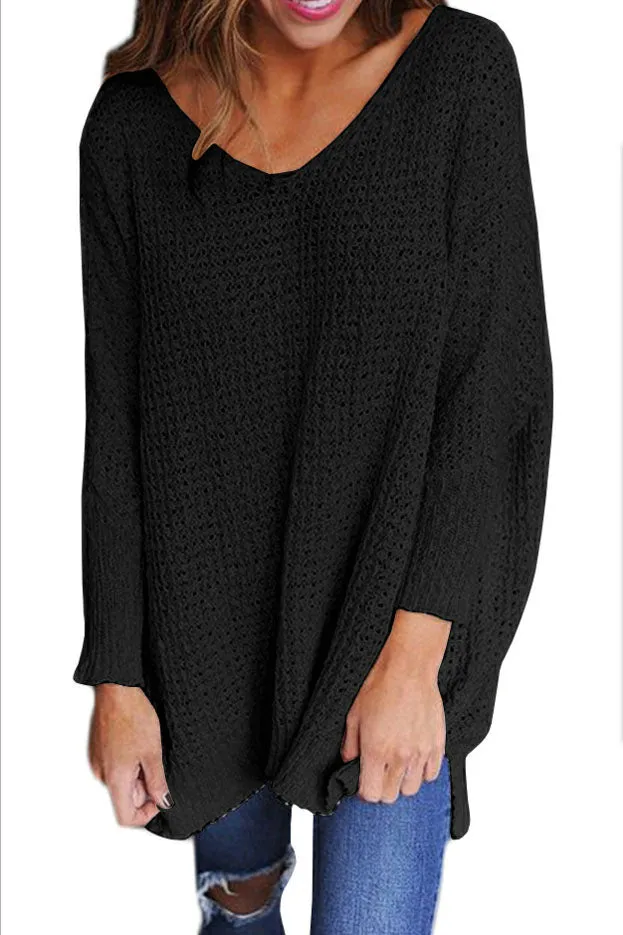 Solid Color V-neck Loose Long Pullover Sweater