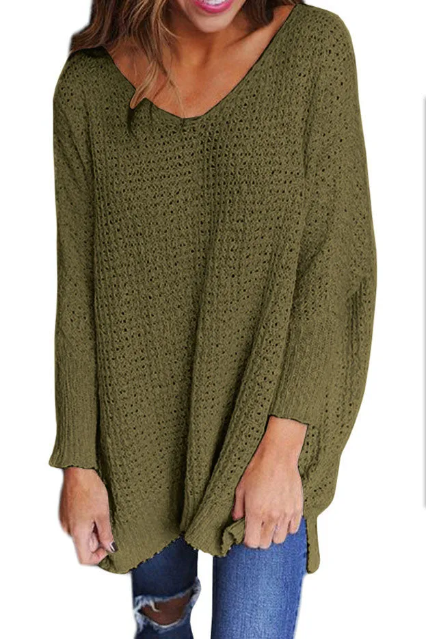 Solid Color V-neck Loose Long Pullover Sweater