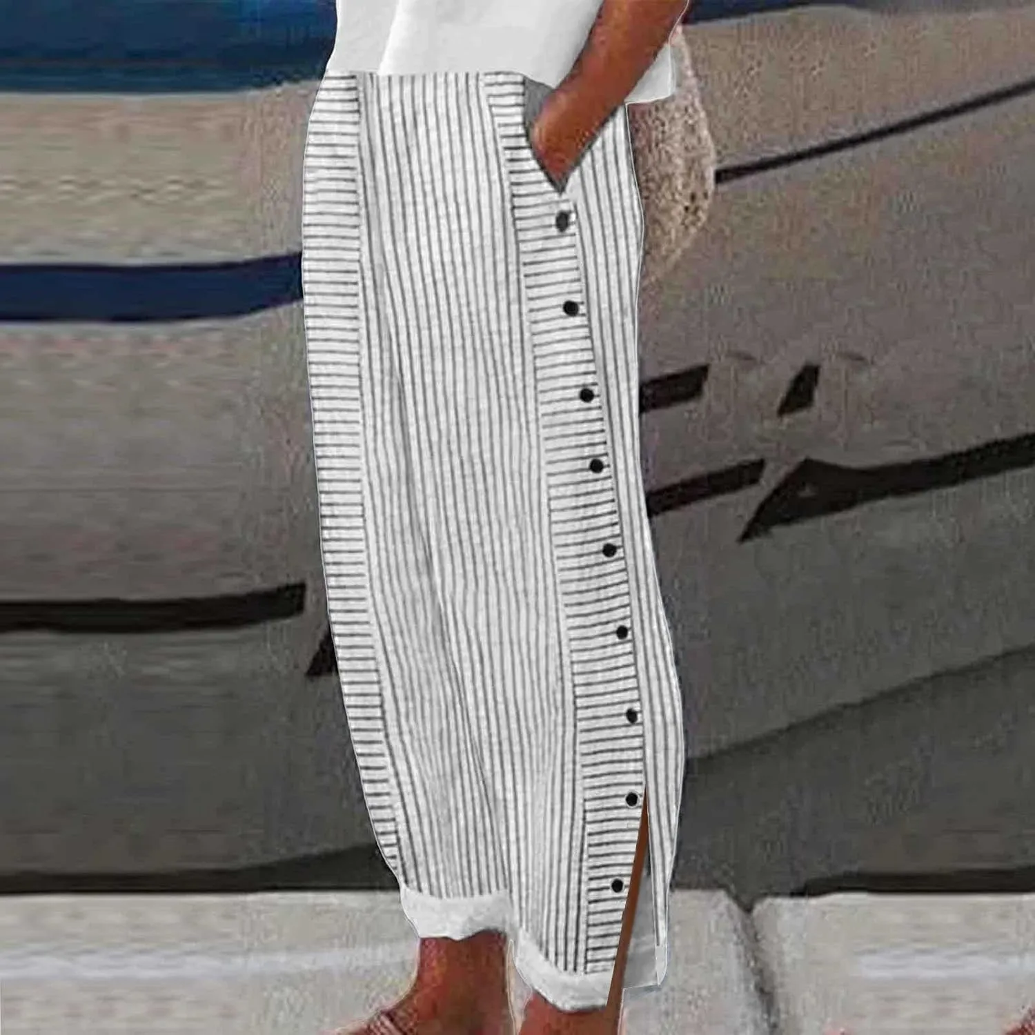 Striped Pants for Women Baggy Side Button Slit Elastic High Waisted Pants Wide Leg Loose Lounge Trouser with Pockets