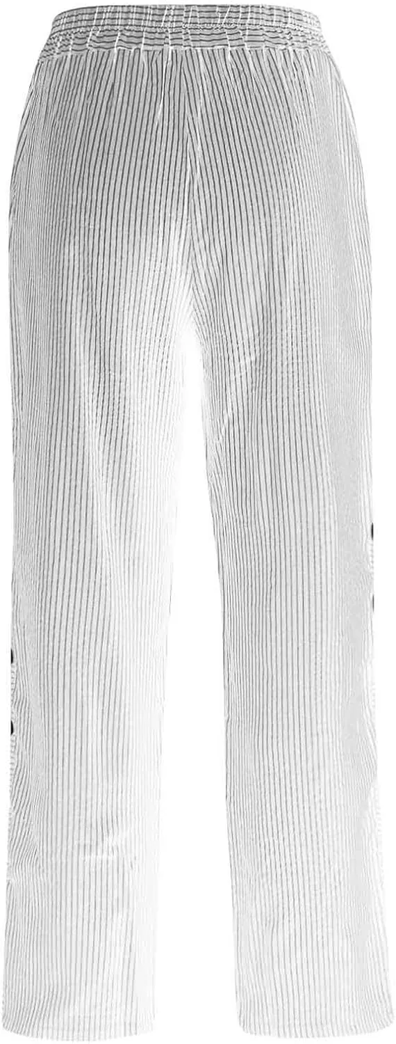 Striped Pants for Women Baggy Side Button Slit Elastic High Waisted Pants Wide Leg Loose Lounge Trouser with Pockets