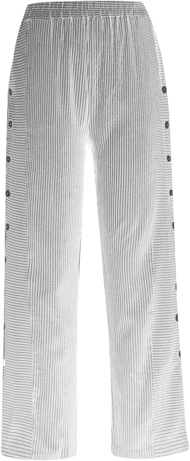 Striped Pants for Women Baggy Side Button Slit Elastic High Waisted Pants Wide Leg Loose Lounge Trouser with Pockets