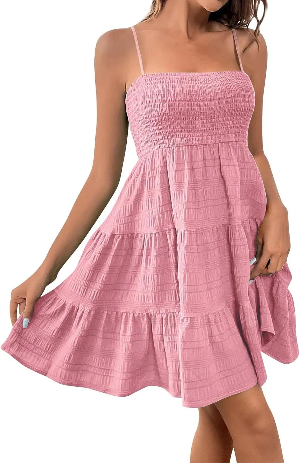 Summer Dresses for Teens Spaghetti Strap Ruffle Mini Sundress Women Sleeveless Smock Cami Dress Date Night Outfit