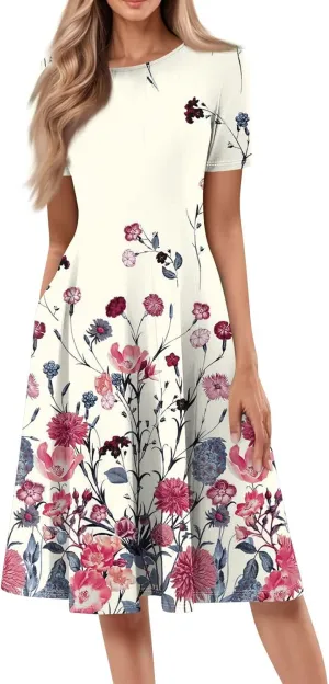 Summer Dresses for Women 2025 Beach Vacation Elegant A Line Dress Side Pockets Crewneck Short Sleeve Midi Sun Dress