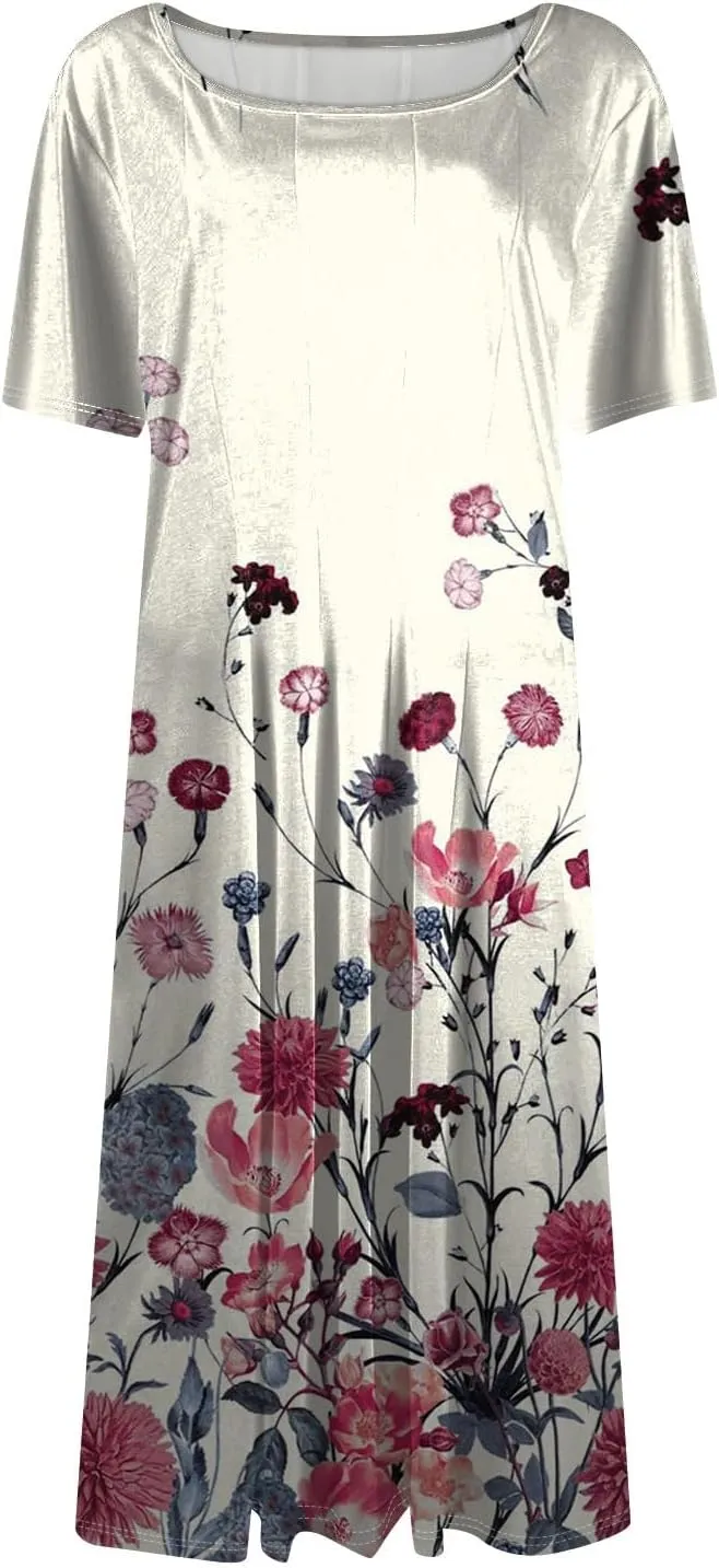 Summer Dresses for Women 2025 Beach Vacation Elegant A Line Dress Side Pockets Crewneck Short Sleeve Midi Sun Dress