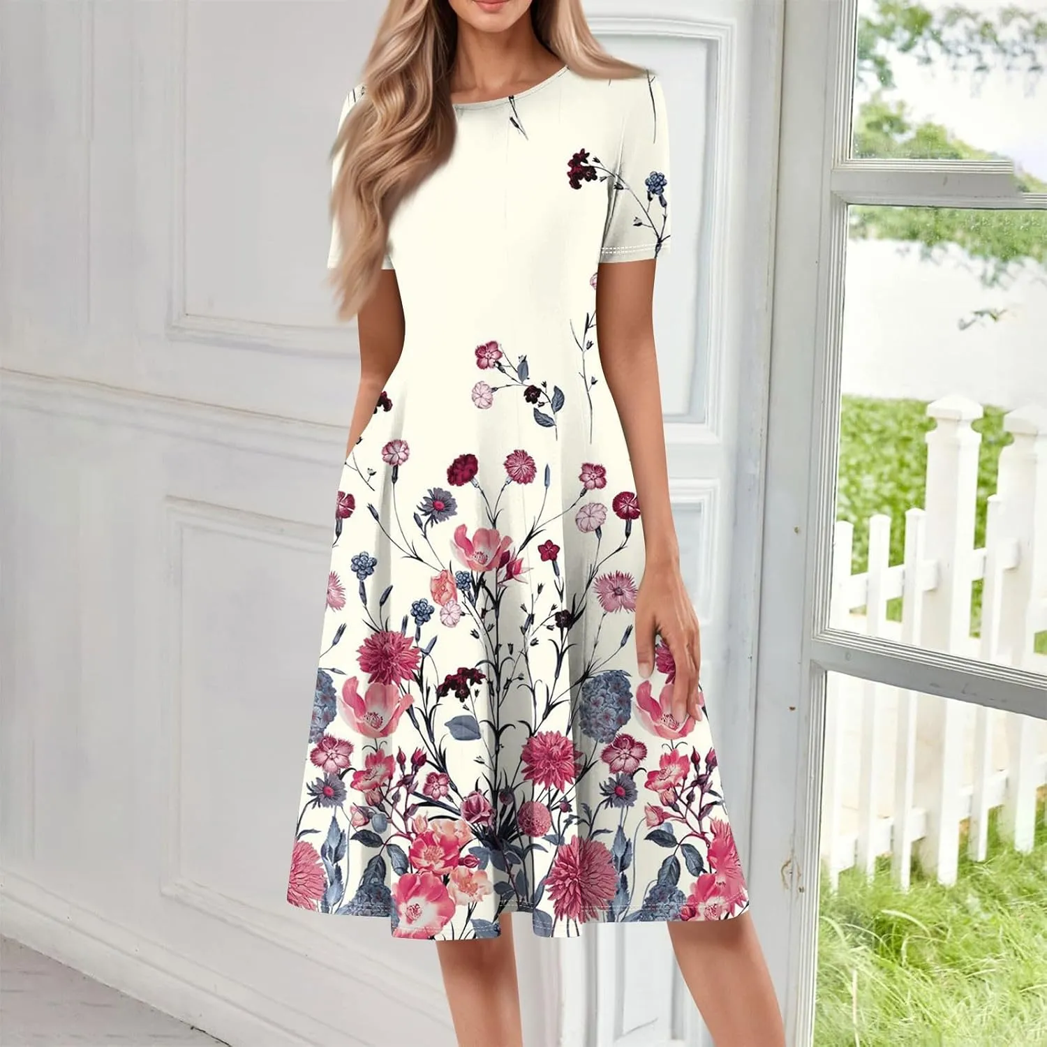 Summer Dresses for Women 2025 Beach Vacation Elegant A Line Dress Side Pockets Crewneck Short Sleeve Midi Sun Dress