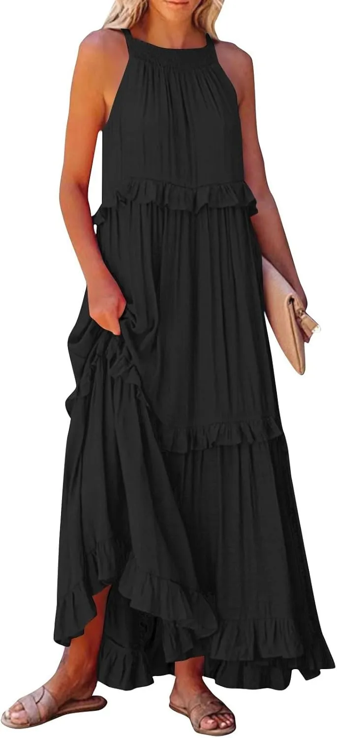 Summer Dresses for Women 2025 Sleeveless Halter Dresses Flowy Swing Tiered Dress Loose Fit Ruffle Boho Maxi Dress