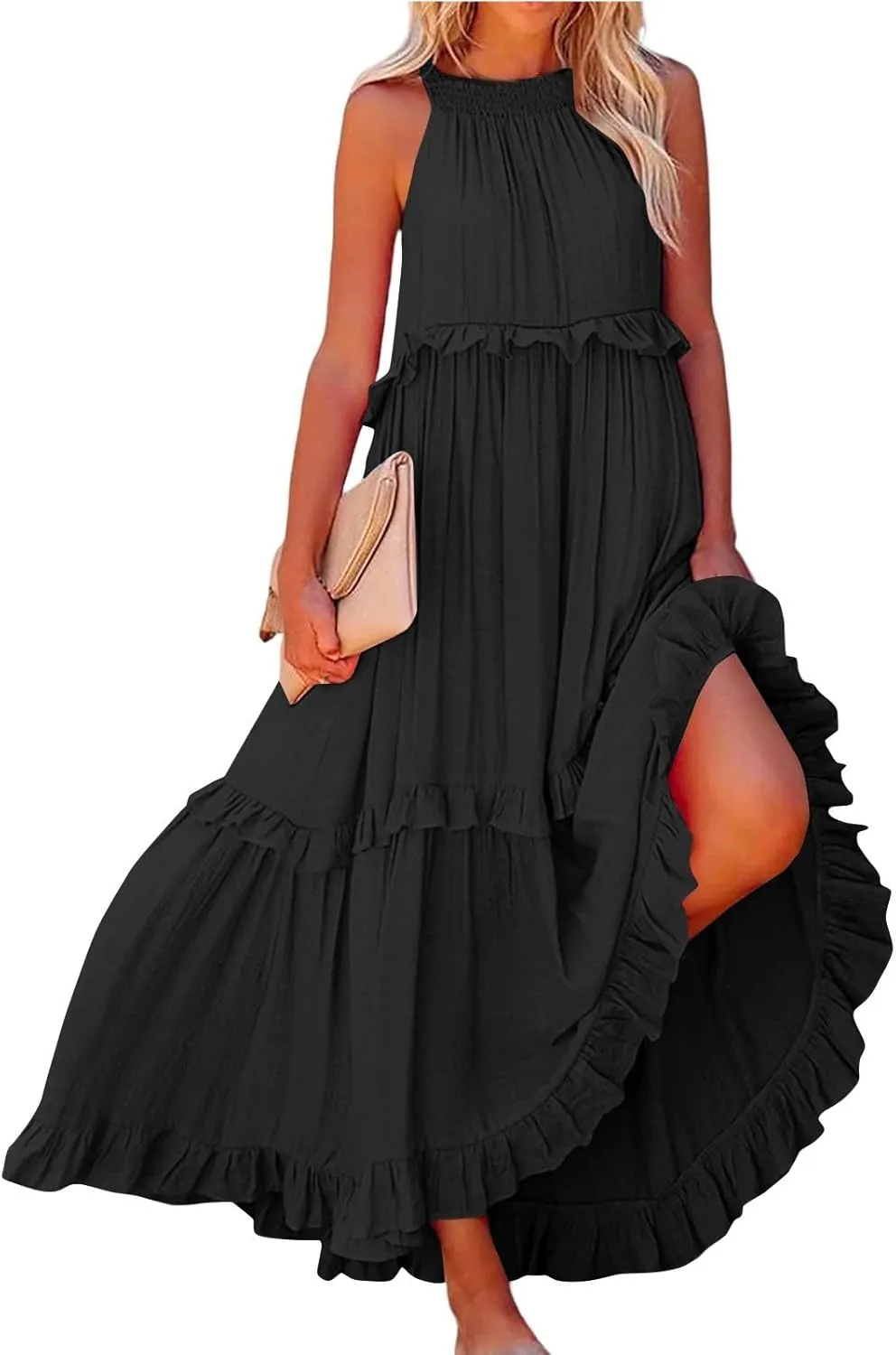 Summer Dresses for Women 2025 Sleeveless Halter Dresses Flowy Swing Tiered Dress Loose Fit Ruffle Boho Maxi Dress