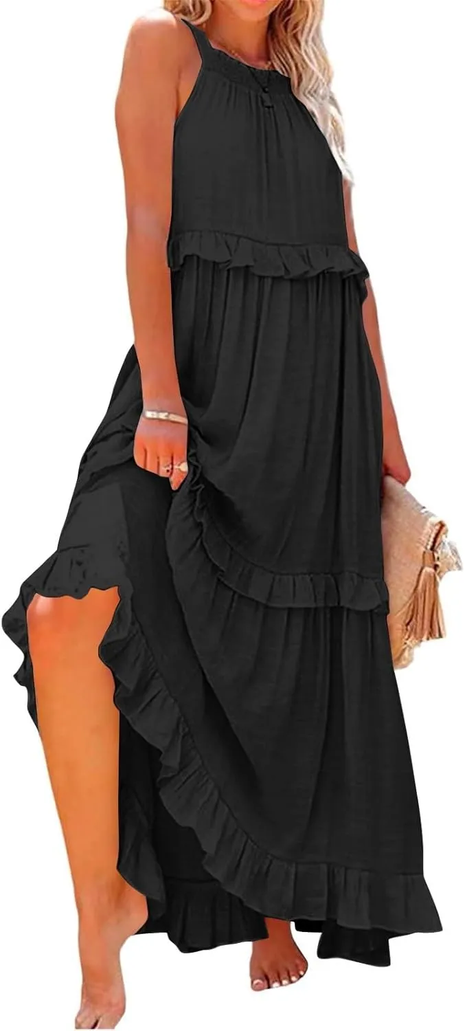 Summer Dresses for Women 2025 Sleeveless Halter Dresses Flowy Swing Tiered Dress Loose Fit Ruffle Boho Maxi Dress