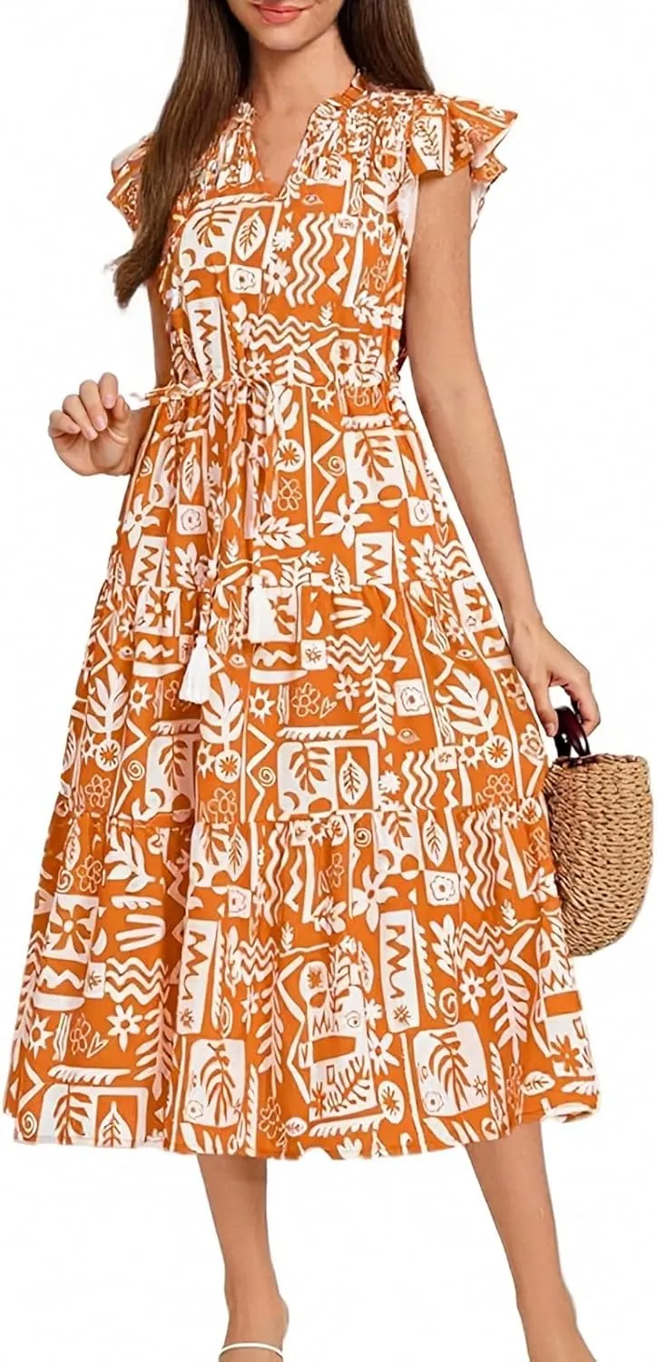 Summer Dresses for Women 2025 Vacation Midi V Neck Short Sleeve Tie Floral Dress Flowy Beach Sundress with Pockets