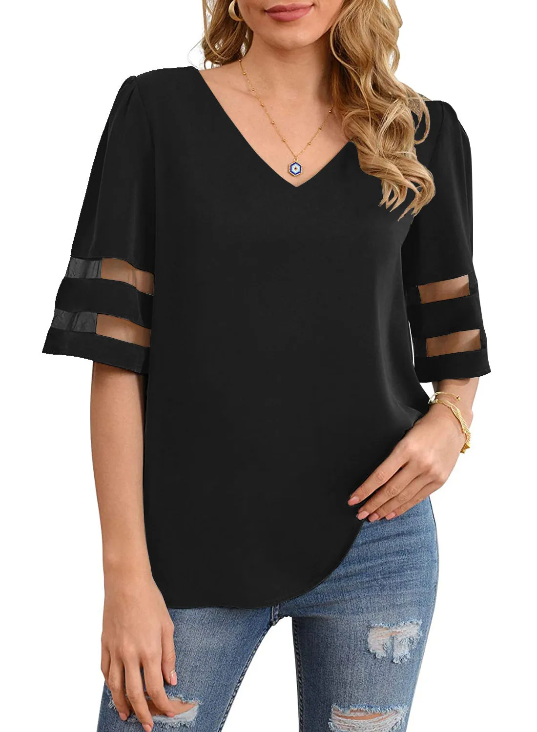 Utyful Women's Summer Casual V Neck Mesh Panel Short Sleeve Loose Blouse Top