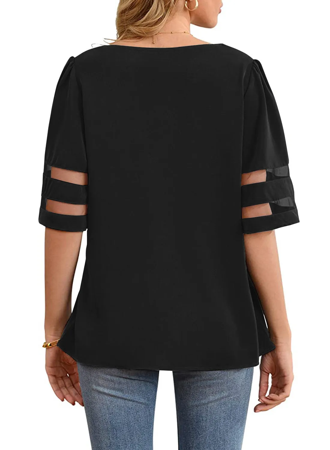 Utyful Women's Summer Casual V Neck Mesh Panel Short Sleeve Loose Blouse Top