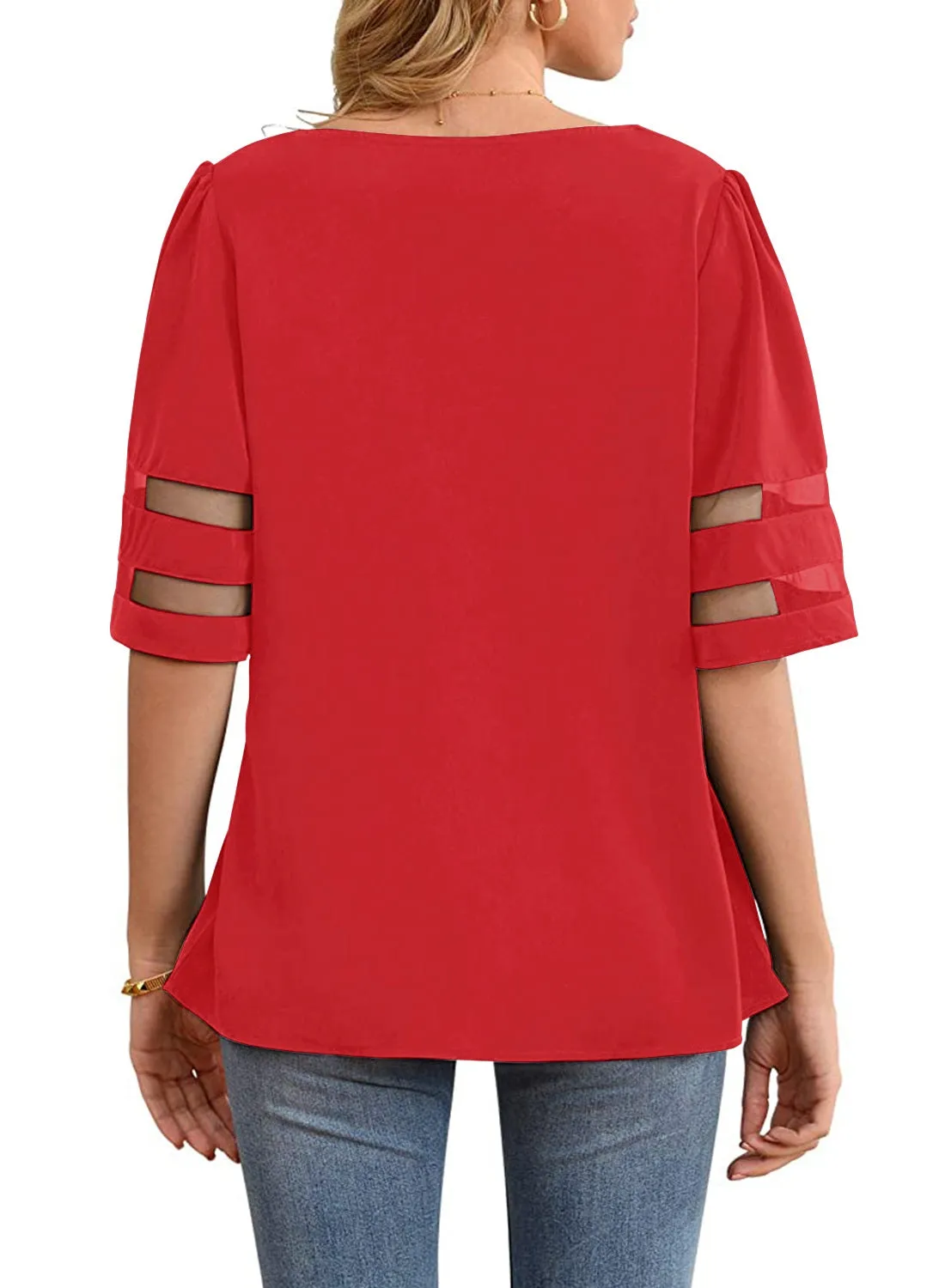 Utyful Women's Summer Casual V Neck Mesh Panel Short Sleeve Loose Blouse Top