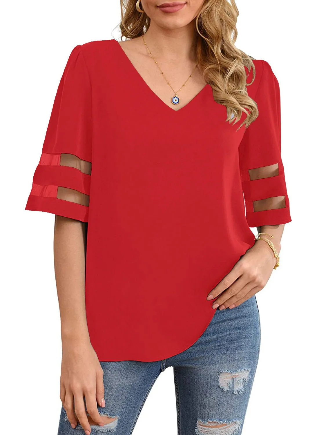 Utyful Women's Summer Casual V Neck Mesh Panel Short Sleeve Loose Blouse Top
