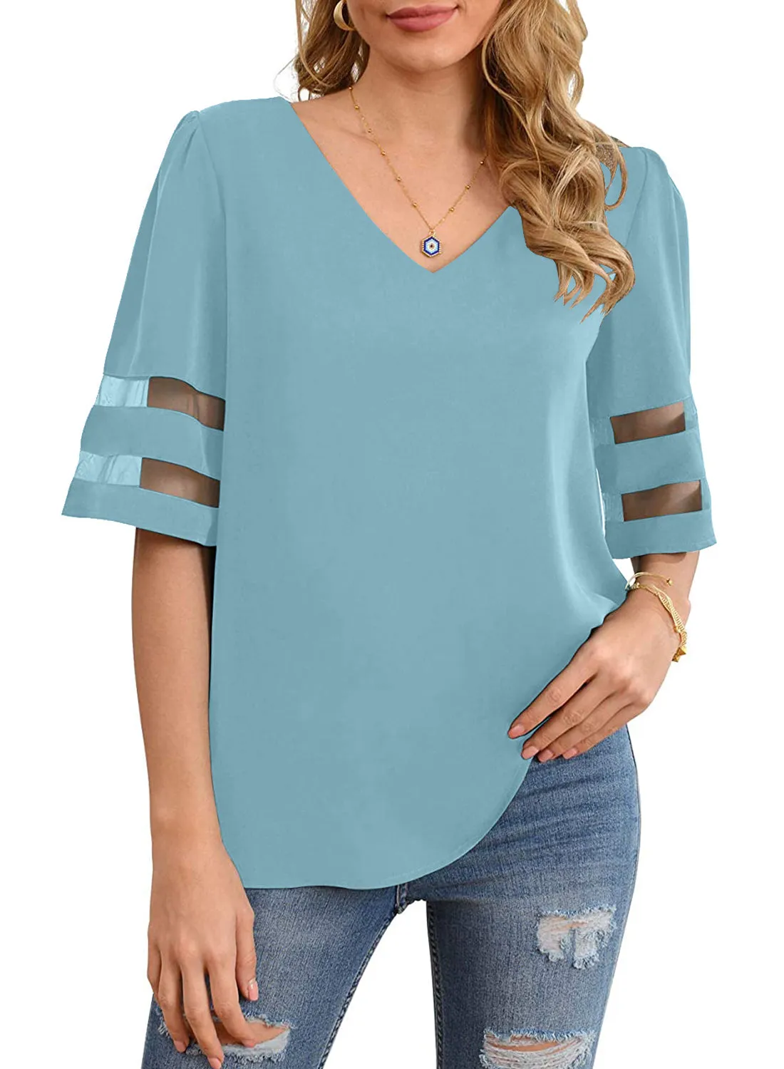 Utyful Women's Summer Casual V Neck Mesh Panel Short Sleeve Loose Blouse Top