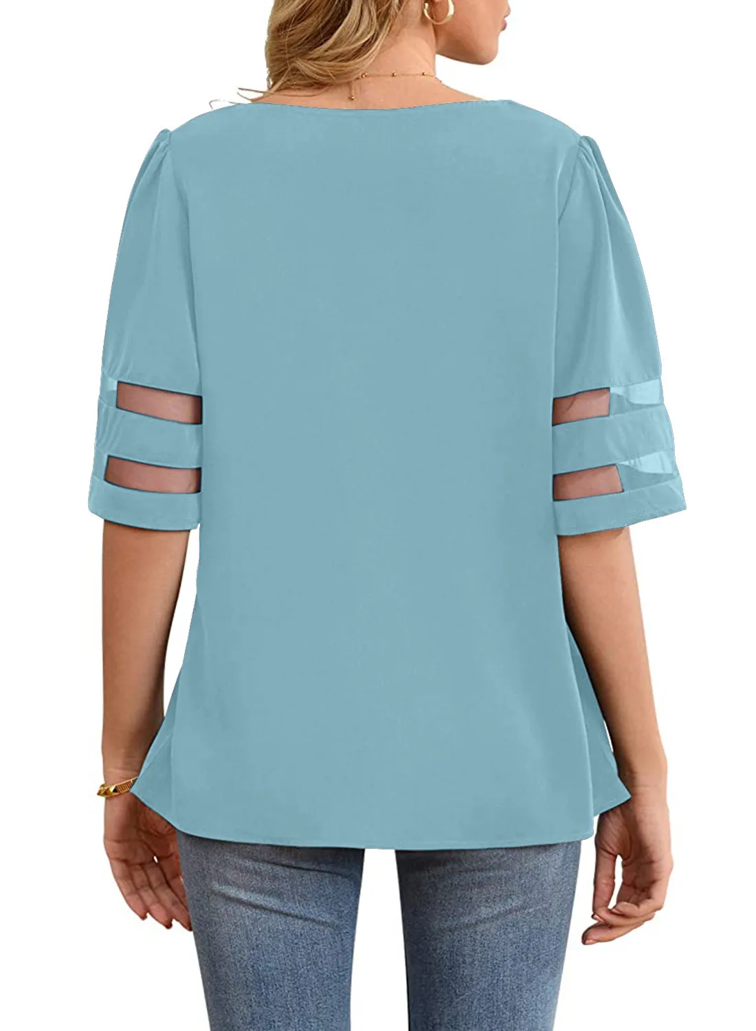 Utyful Women's Summer Casual V Neck Mesh Panel Short Sleeve Loose Blouse Top