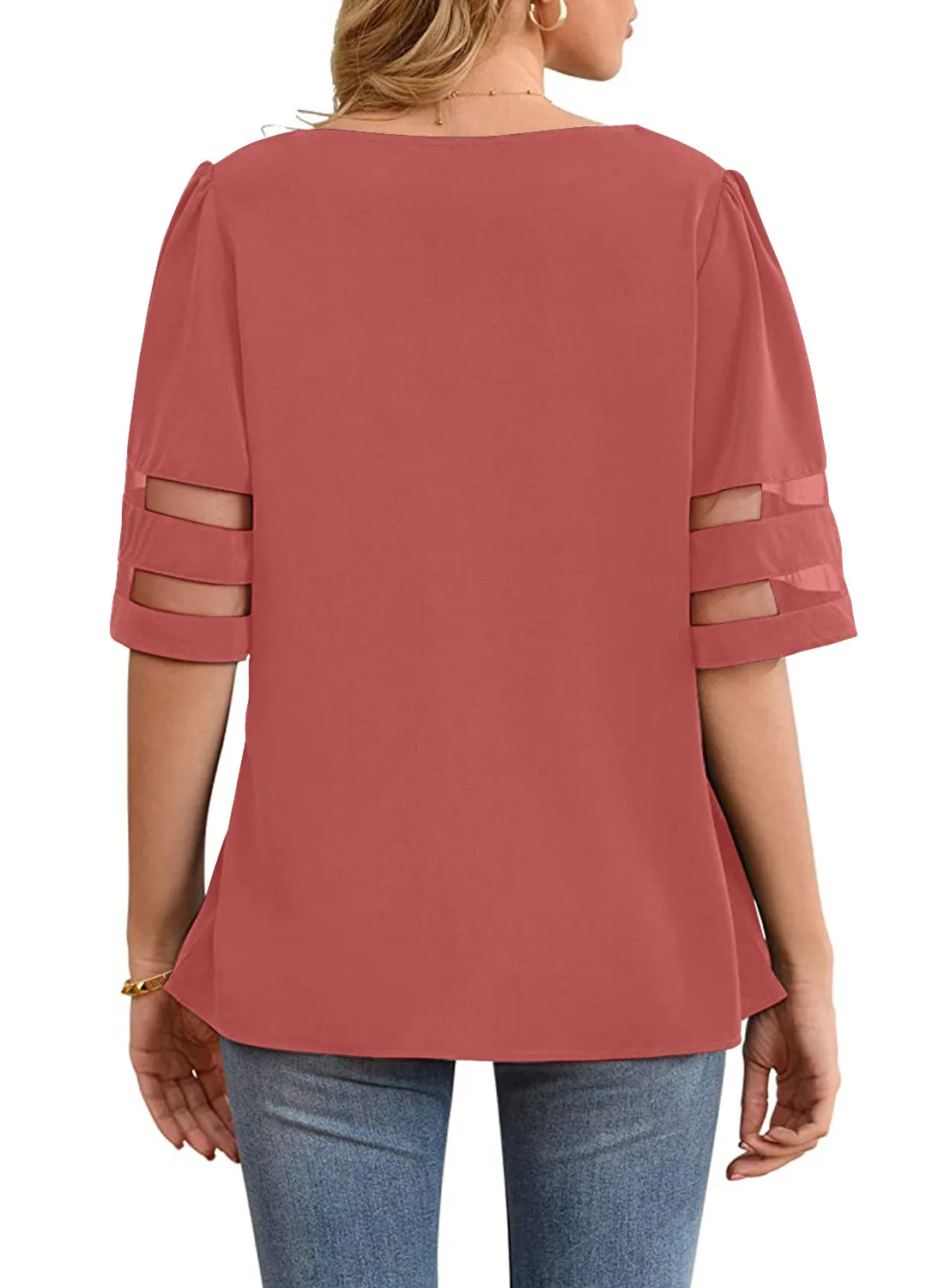Utyful Women's Summer Casual V Neck Mesh Panel Short Sleeve Loose Blouse Top