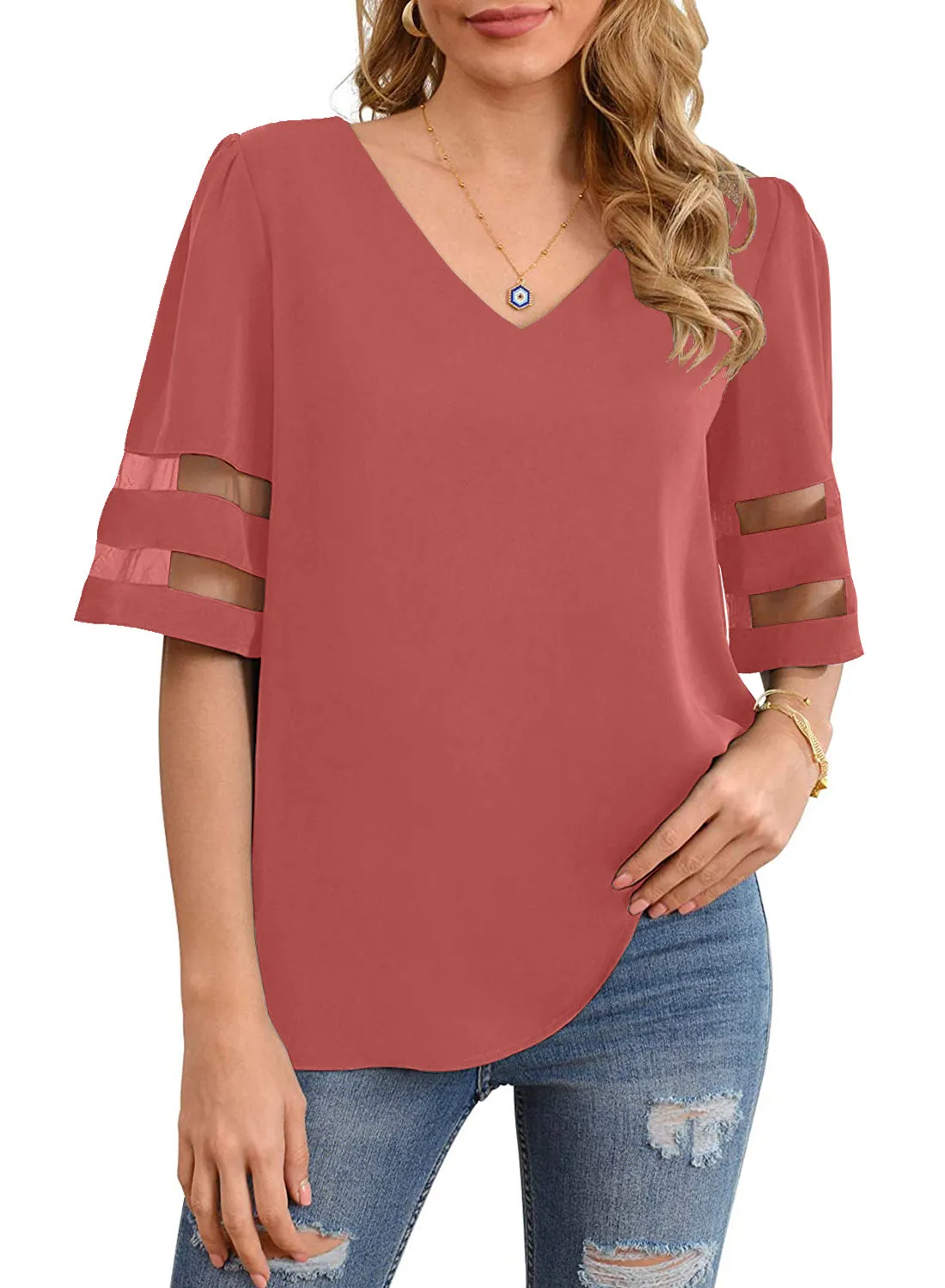 Utyful Women's Summer Casual V Neck Mesh Panel Short Sleeve Loose Blouse Top