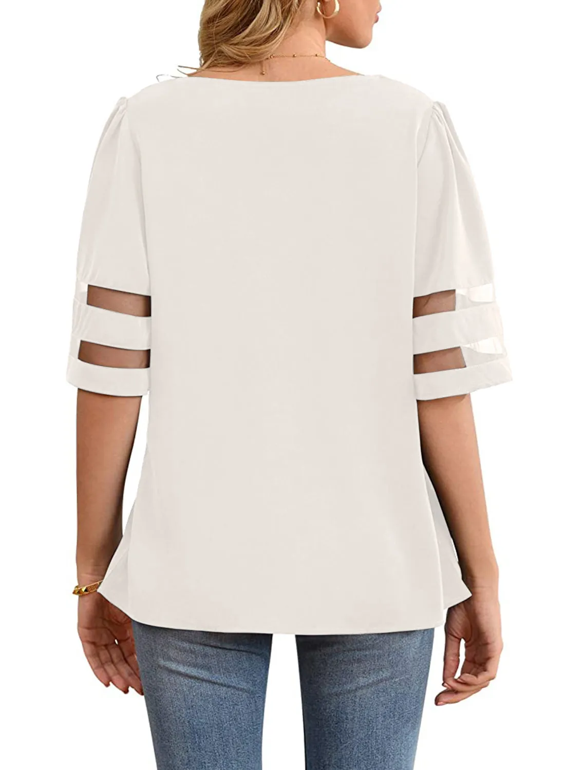 Utyful Women's Summer Casual V Neck Mesh Panel Short Sleeve Loose Blouse Top