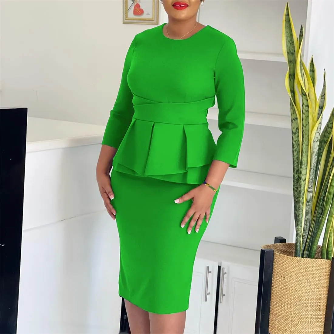 Wear to Work Midi Dress for Women Business Casual Ruffle Pencil Dress Elegance Church Outfits