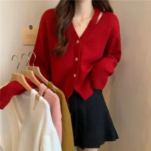 Wenkouban-Christmas Thanksgiving outfits_New V-Neck Button Red Knit Tops Stylish Knitwear Christmas Sweater