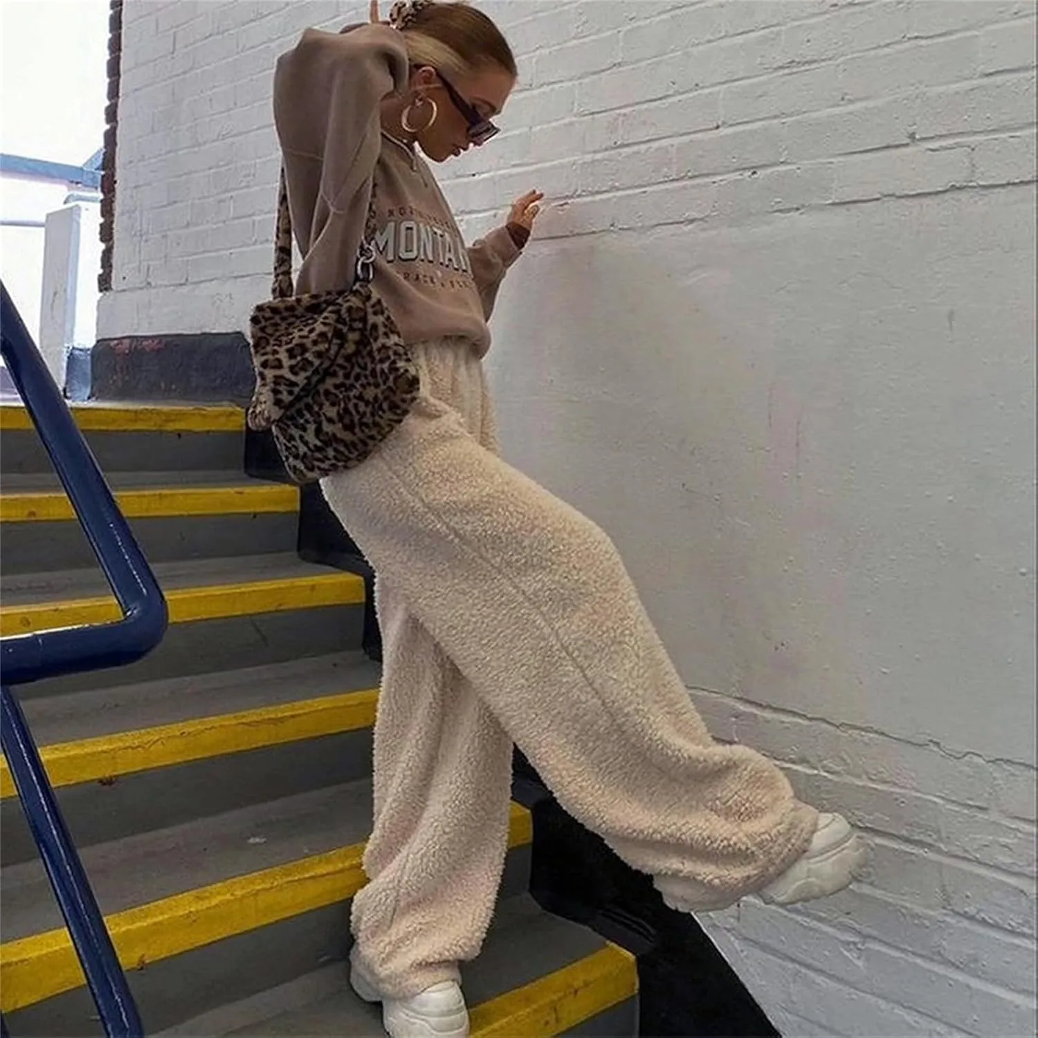 Women Fuzzy Pants Soft Fleece Pajama Bottoms Warm Winter Cozy Lounge Pants Loose High Waist Wide Leg Palazzo Trousers
