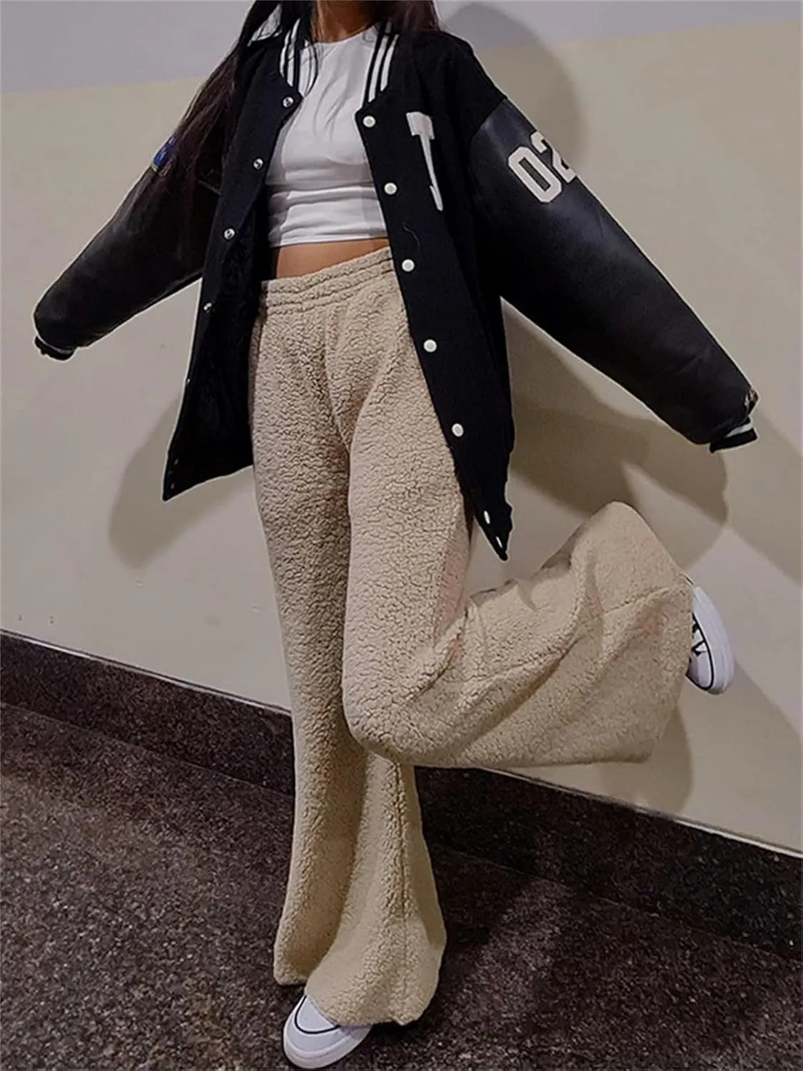 Women Fuzzy Pants Soft Fleece Pajama Bottoms Warm Winter Cozy Lounge Pants Loose High Waist Wide Leg Palazzo Trousers