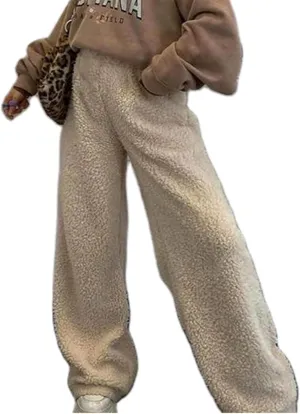 Women Fuzzy Pants Soft Fleece Pajama Bottoms Warm Winter Cozy Lounge Pants Loose High Waist Wide Leg Palazzo Trousers