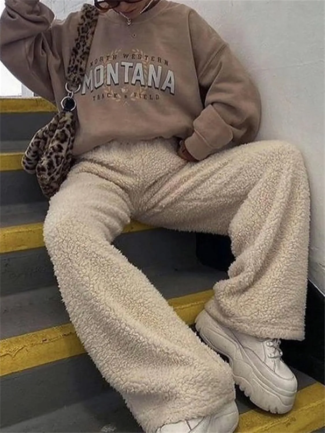 Women Fuzzy Pants Soft Fleece Pajama Bottoms Warm Winter Cozy Lounge Pants Loose High Waist Wide Leg Palazzo Trousers