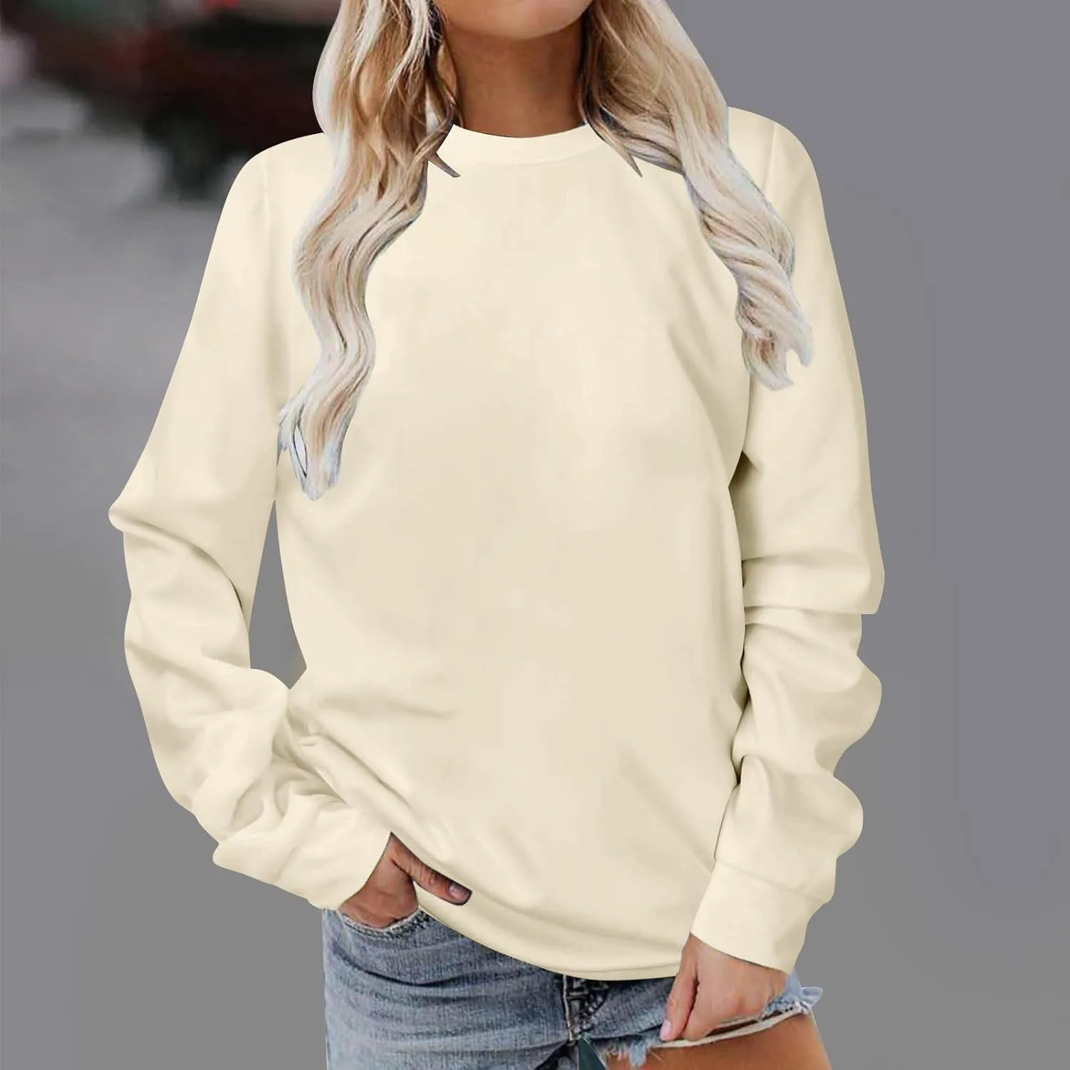 Women Long Sleeve Sweatshirt 2023 Solid Plain Crewneck Pullover Shirts Loose Fit Casual Classic Blouses Fall Fashion Tee Tops