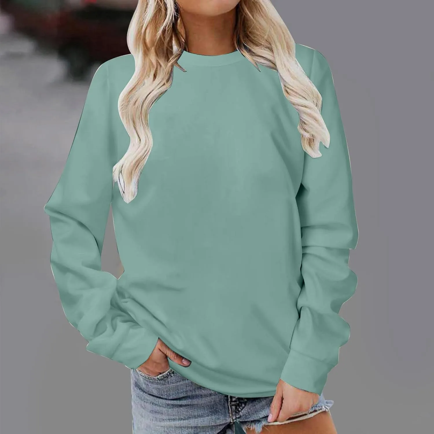 Women Long Sleeve Sweatshirt 2023 Solid Plain Crewneck Pullover Shirts Loose Fit Casual Classic Blouses Fall Fashion Tee Tops