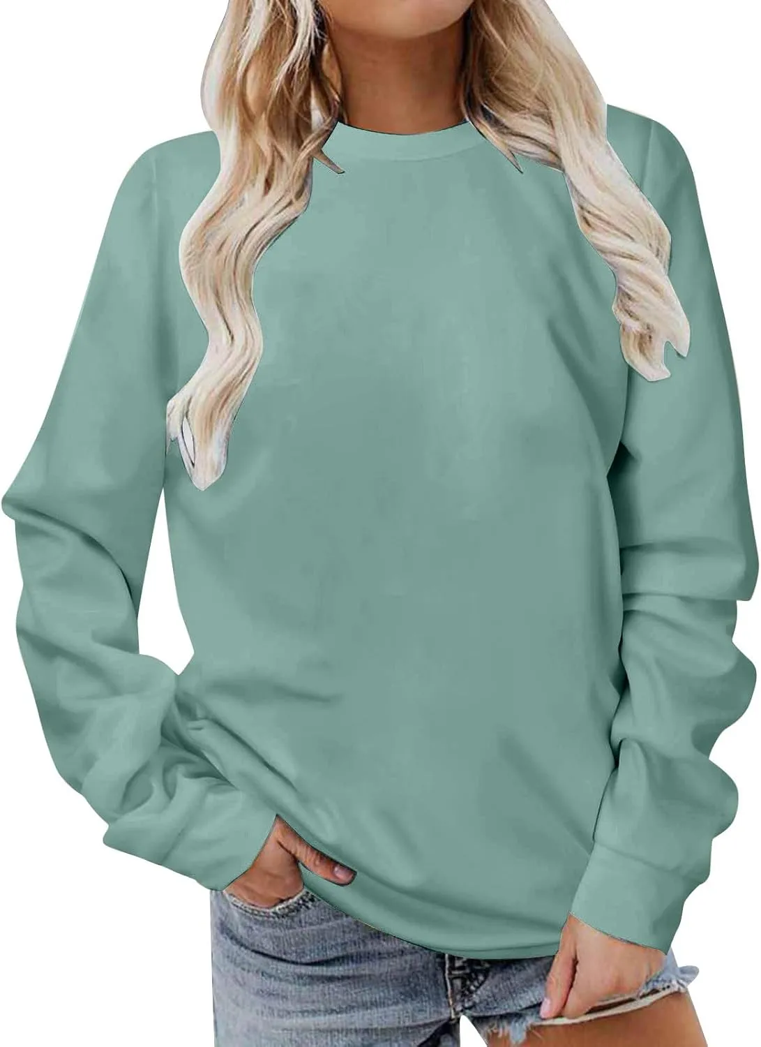 Women Long Sleeve Sweatshirt 2023 Solid Plain Crewneck Pullover Shirts Loose Fit Casual Classic Blouses Fall Fashion Tee Tops