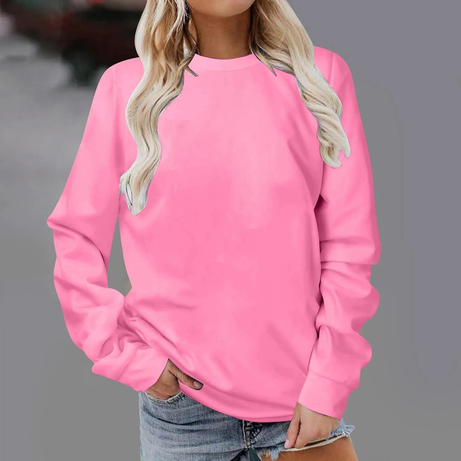 Women Long Sleeve Sweatshirt 2023 Solid Plain Crewneck Pullover Shirts Loose Fit Casual Classic Blouses Fall Fashion Tee Tops