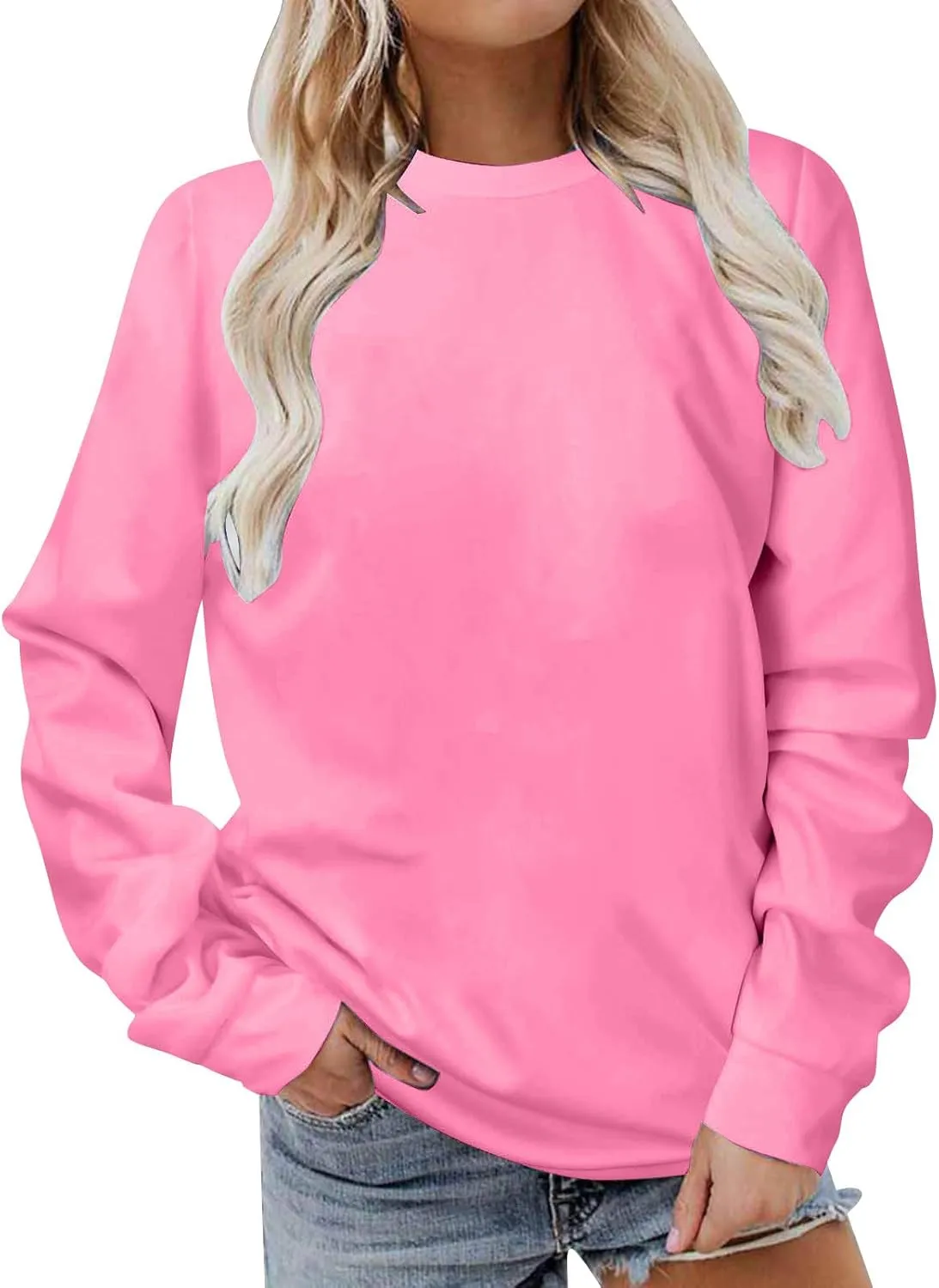 Women Long Sleeve Sweatshirt 2023 Solid Plain Crewneck Pullover Shirts Loose Fit Casual Classic Blouses Fall Fashion Tee Tops