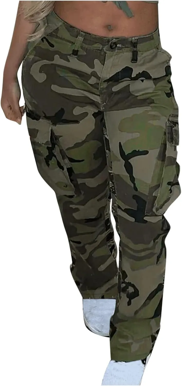 Women Parachute Camo Cargo Pants Trendy Y2K Teen Girls High Elastic Waist Relaxed Fit Casual Pants Streetwear Trousers