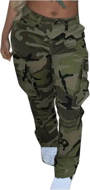 Women Parachute Camo Cargo Pants Trendy Y2K Teen Girls High Elastic Waist Relaxed Fit Casual Pants Streetwear Trousers