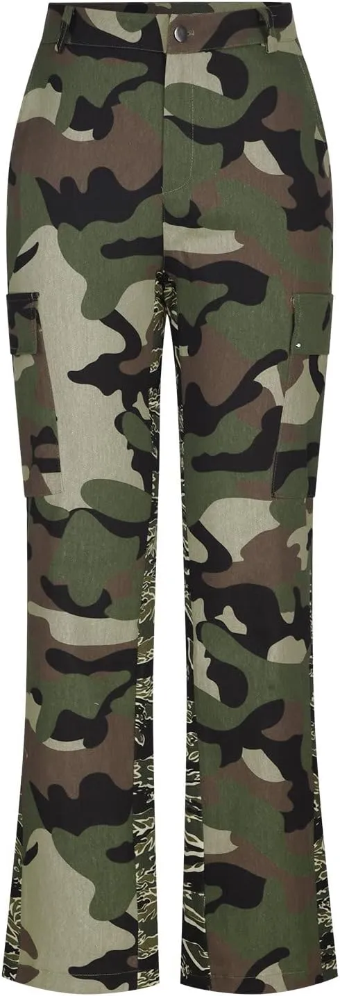Women Parachute Camo Cargo Pants Trendy Y2K Teen Girls High Elastic Waist Relaxed Fit Casual Pants Streetwear Trousers