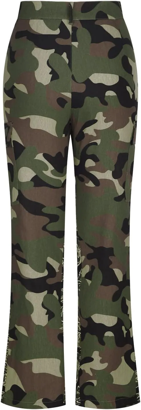 Women Parachute Camo Cargo Pants Trendy Y2K Teen Girls High Elastic Waist Relaxed Fit Casual Pants Streetwear Trousers