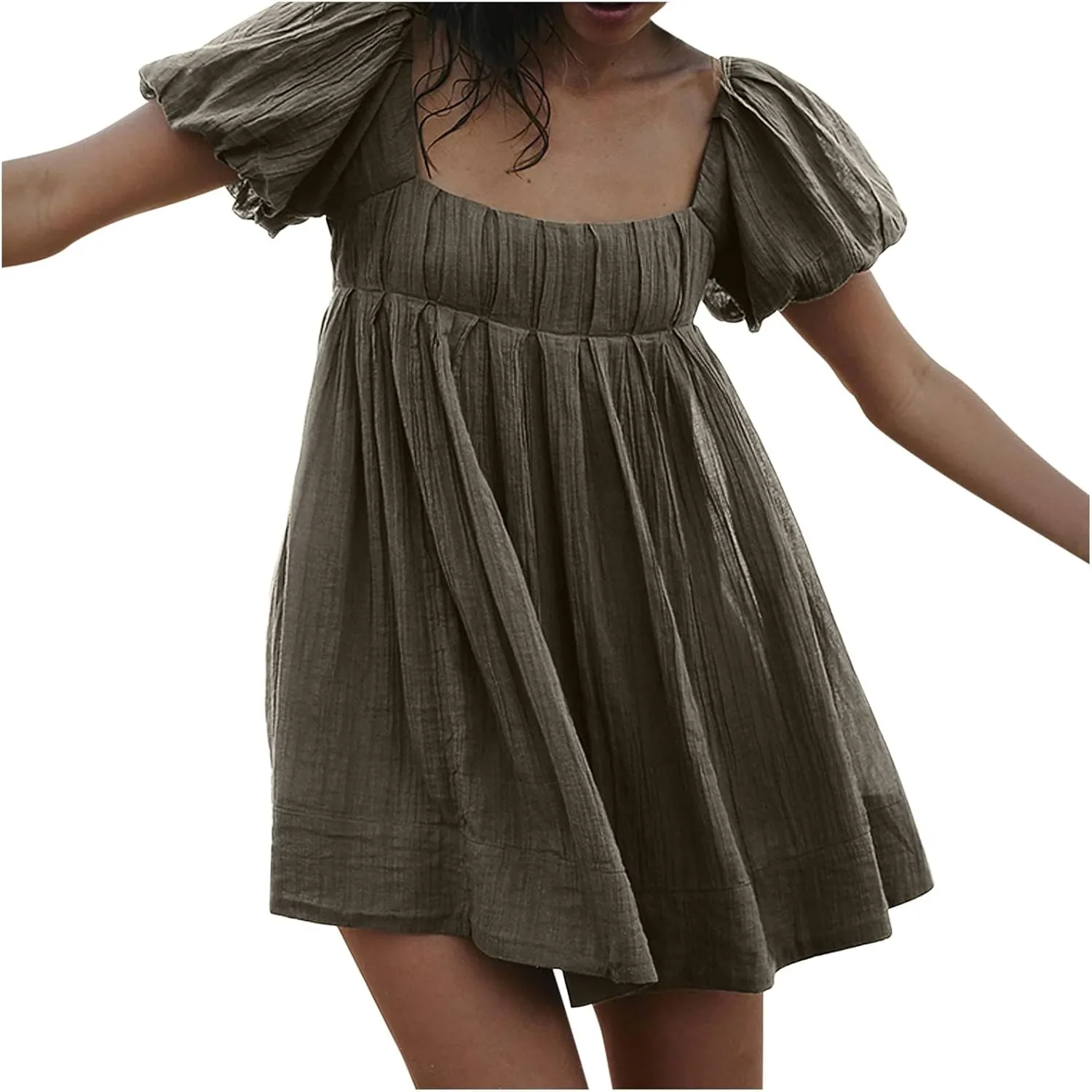 Women Summer Cotton Mini Dresses Square Neck Ruffle Sleeve Solid Color Simple Flowy Club Party Short Dress