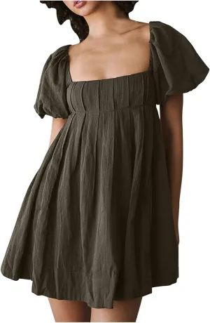 Women Summer Cotton Mini Dresses Square Neck Ruffle Sleeve Solid Color Simple Flowy Club Party Short Dress