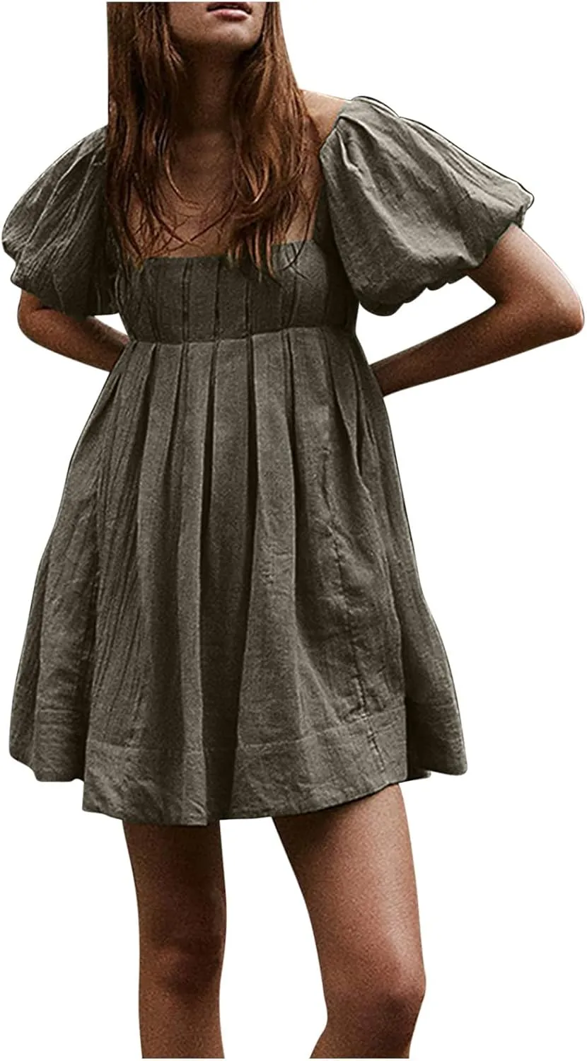 Women Summer Cotton Mini Dresses Square Neck Ruffle Sleeve Solid Color Simple Flowy Club Party Short Dress