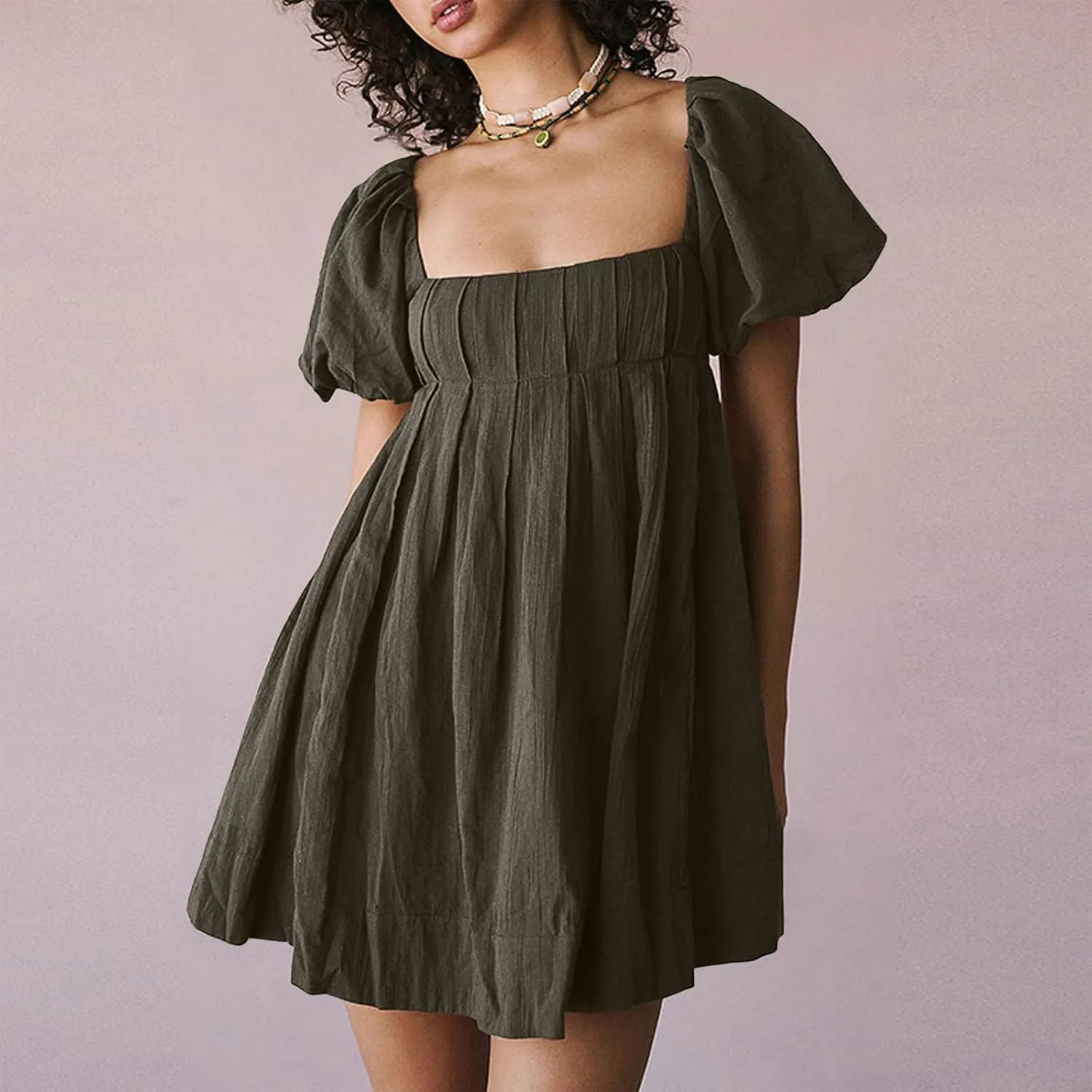 Women Summer Cotton Mini Dresses Square Neck Ruffle Sleeve Solid Color Simple Flowy Club Party Short Dress